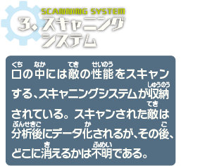 スキャニングシステム　口の中には敵の性能をスキャンする、スキャニングシステムが収納されている。スキャンされた敵は分析後にデータ化されるが、その後、どこに消えるかは不明である。