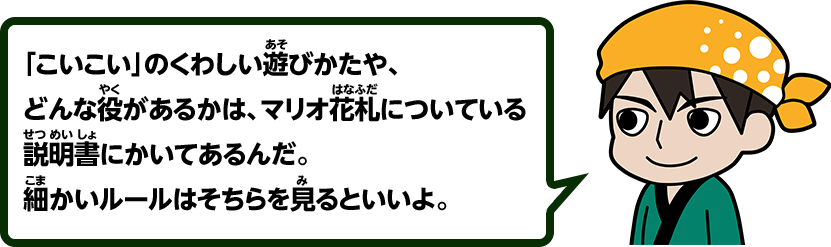 「こいこい」のくわしい遊びかたや、どんな役があるかは、マリオ花札についている説明書にかいてあるんだ。細かいルールはそちらを見るといいよ。