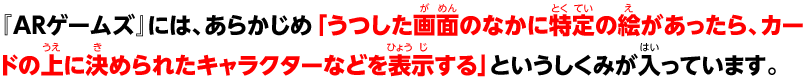 『ARゲームズ』には、あらかじめ「うつした画面のなかに特定の絵があったら、カードの上に決められたキャラクターなどを表示する」というしくみが入っています。