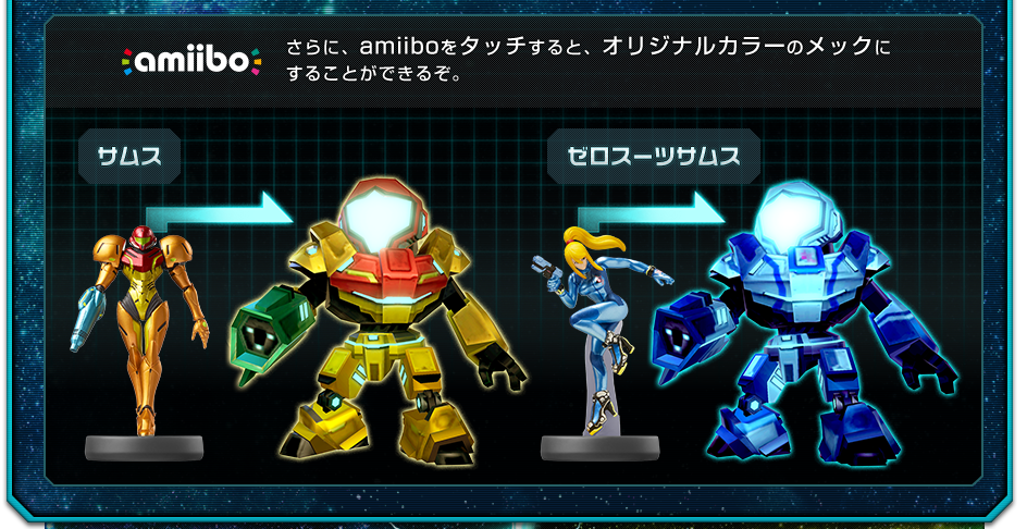 さらに、amiiboをタッチすると、オリジナルカラーのメックにすることができるぞ。/サムス ゼロスーツサムス