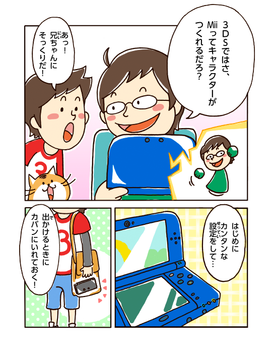 3DSではさ、Miiってキャラクターがつくれるだろ？あっ！兄ちゃんにそっくりだ！はじめにカンタンな設定をして…出かけるときにカバンにいれておく！