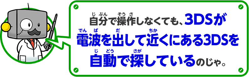 自分で操作しなくても、3DSが電波を出して近くにある3DSを自動で探しているのじゃ。