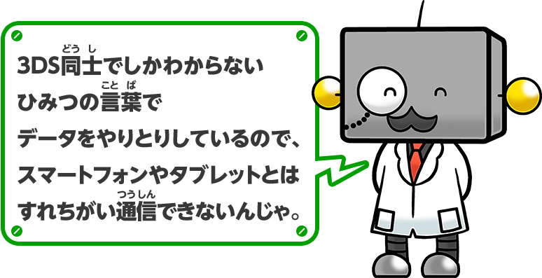 3DS同士でしかわからないひみつの言葉でデータをやりとりしているので、スマートフォンやタブレットとはすれちがい通信できないんじゃ。