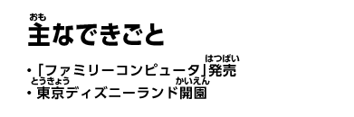 主なできごと　・「ファミリーコンピュータ」発売　・東京ディズニーランド開園