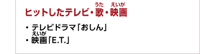 ヒットしたテレビ・歌・映画　・テレビドラマ「おしん」 ・映画「E.T.」