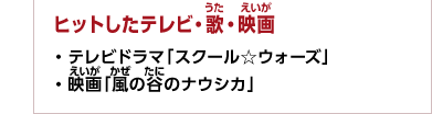 ヒットしたテレビ・歌・映画　・テレビドラマ「スクール☆ウォーズ」　・映画「風の谷のナウシカ」