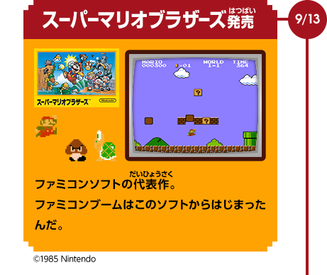 9/13　スーパーマリオブラザーズ発売　ファミコンソフトの代表作。ファミコンブームはこのソフトからはじまったんだ。　©1985 Nintendo