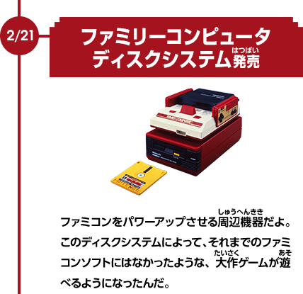 2/21　ファミリーコンピュータディスクシステム発売　ファミコンをパワーアップさせる周辺機器だよ。このディスクシステムによって、それまでのファミコンソフトにはなかったような、大作ゲームが遊べるようになったんだ。