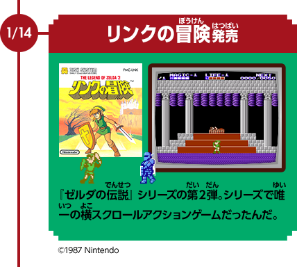 1/14　リンクの冒険発売　『ゼルダの伝説』シリーズの第２弾。シリーズで唯一の横スクロールアクションゲームだったんだ。©1987 Nintendo
