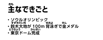 主なできごと　・ソウルオリンピック　・鈴木大地が100m背泳ぎで金メダル　・東京ドーム完成