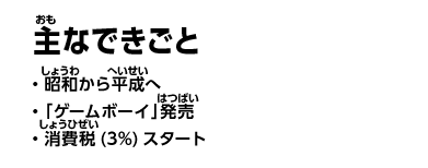 主なできごと　・昭和から平成へ　・「ゲームボーイ」発売　・消費税(3%)スタート
