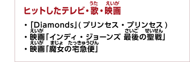 ヒットしたテレビ・歌・映画　・「Diamonds」(プリンセス・プリンセス)　・映画「インディ・ジョーンズ 最後の聖戦」　・映画「魔女の宅急便」