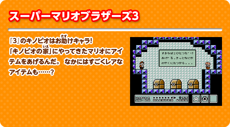 スーパーマリオブラザーズ3 『3』のキノピオはお助けキャラ！「キノピオの家」にやってきたマリオにアイテムをあげるんだ。 なかにはすごくレアなアイテムも……？