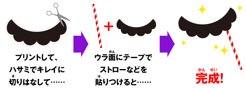 プリントして、ハサミでキレイに切りはなして……ウラ面にテープでストローなどを貼りつけると……完成！