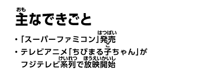 主なできごと　・「スーパーファミコン」発売　・テレビアニメ「ちびまる子ちゃん」がフジテレビ系列で放映開始