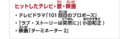 ヒットしたテレビ・歌・映画　・テレビドラマ「101回目のプロポーズ」　・「ラブ・ストーリーは突然に」(小田和正)・映画「ターミネーター2」