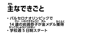 主なできごと　・バルセロナオリンピックで14歳の岩崎恭子が金メダル獲得　・学校週5日制スタート