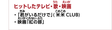ヒットしたテレビ・歌・映画　・「君がいるだけで」(米米CLUB)　・映画「紅の豚」