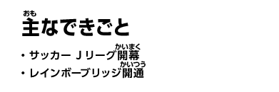 主なできごと　・サッカー Jリーグ開幕　・レインボーブリッジ開通