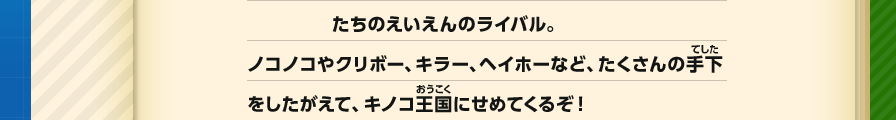 たちのえいえんのライバル。　ノコノコやクリボー、キラー、ヘイホーなど、たくさんの手下をしたがえて、キノコ王国にせめてくるぞ！