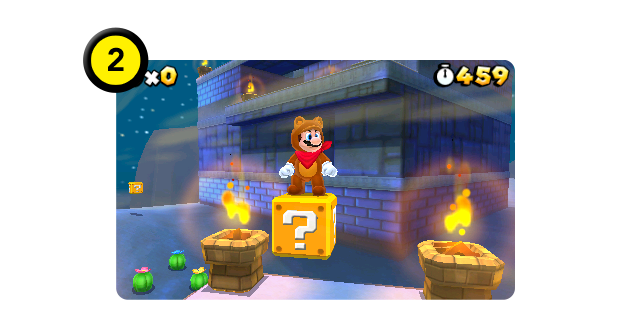 いつものタヌキマリオみたいだけど、首に赤い布を巻いている！？