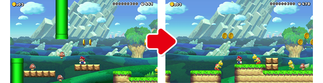 (2)この辺のクリボーはすぐ穴に落ちてしまうので、あんまりいる意味ないね。あかノコノコなら穴に落ちずに折り返してくれるからこっちに変更してみたぞ。