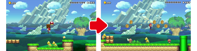 (3)ここでやっとスーパーキノコが出てくるのは遅いかな。でも、足元のみどりノコノコを気にしながらアイテムをとらないといけないのはすごくいいね。なので、スペースを広げて、アイテムも増やしてみたぞ。