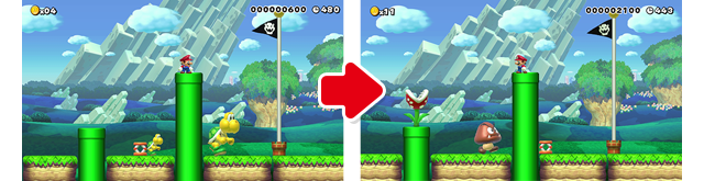 (4)ゴール前の足場の配置はいいねぇ！でも最後のでかノコノコは余計かもな。最後の最後にこいつにぶつかってゴールできなくなったら、イヤじゃない？安全にゴールできるようにノコノコをとっちゃおう。