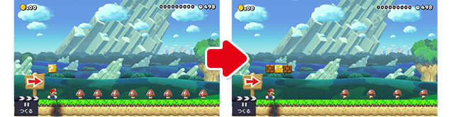 (1)最初のクリボーの位置が近すぎて、なにかと慌ただしいので、クリボーの位置を調整して、最初のスーパーキノコをスムーズに取れるようにしたぞ。クリボーの間隔も変えたので、ポコッポコッと連続で踏みやすくなっているはずだ。