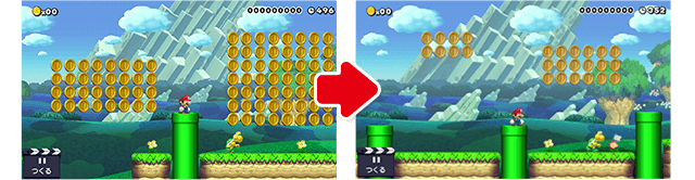 (2)大量のコインの中に飛び込むのは気持ちいいね～。だけど、残ったコインを取りに戻ったりすると流れが悪くなるので、コインの数を減らして一気にスポーン！と取れるようにする、という考え方もある。これは好みの問題だからどちらでもいいぞ！今回は減らしてみようか。