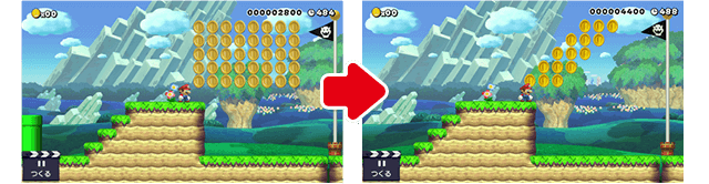 (4)ここも(2)と同じでコインを少なくしたぞ。ゴールポールのてっぺん目指してシュッと飛べば一気に取れるはずだ。