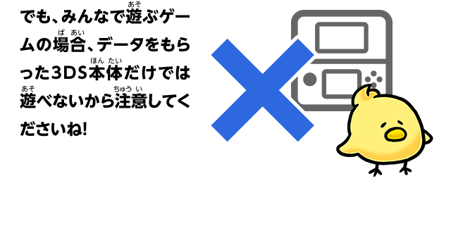 でも、みんなで遊ぶゲームの場合、データをもらった3DS本体だけでは遊べないから注意してくださいね！