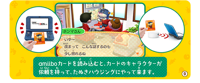 amiiboカードを読み込むと、カードのキャラクターが依頼を持って、たぬきハウジングにやって来ます。