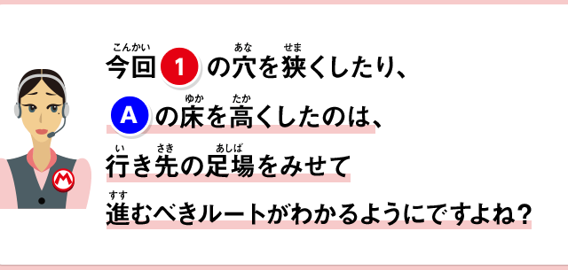 今回(1)の穴をせまくしたり、Aの床を高くしたのは、行き先の足場をみせて進むべきルートがわかるようにですよね？