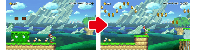 (1)穴の左側にたったとき、右側の足場が見えないのが気になるね。行き先の足場は見えるようにしないとプレイヤーはこのまま進んでよいのか不安になるので、穴をせまくして右側の足場を見えるようにした。コインの置き方も工夫したんだけど、これは後で説明する。