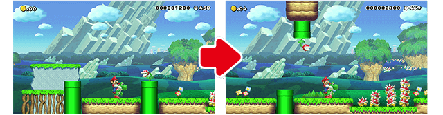 (2)ヨッシーにファイアパックンを食べさせて、ファイアをはきだしてトゲゾーをまとめてやっつけようっていう意図はとてもいいけど、それがプレイヤーに伝わりにくいと感じた。ましこの配置だとファイアパックンの場所からトゲゾーが見えにくいからね。そこで、配置を変更してトゲゾーとファイアパックンの両方がよく見えるようにした。これで少しは意図が伝わりやすくなったと思う。