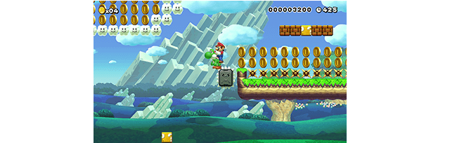 (3)ここはいいね～！ドッスンのエレベーターだね。右上のコインで「ドッスンに乗ればいいのか」と気づかせて、いざ乗ってみると今まで見なかった左上の雲で囲まれたコインが見える。ドッスンの上に乗れるというヨッシーの特性もうまく使っているし、おみごとだぞ！