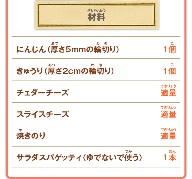 材料 にんじん（厚さ5mmの輪切り） 1個／きゅうり（厚さ2cmの輪切り） 1個／チェダーチーズ 適量／スライスチーズ 適量／焼きのり 適量／サラダスパゲッティ（ゆでないで使う） 1本