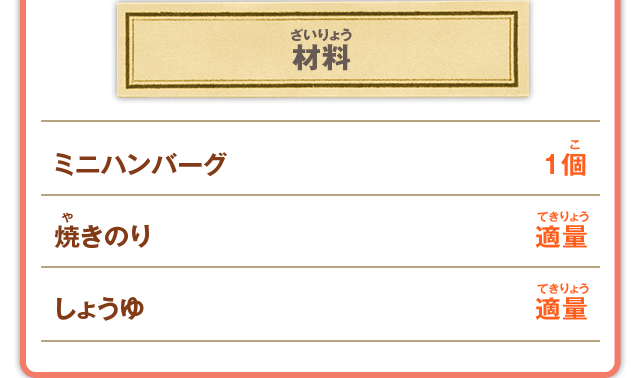 材料 ミニハンバーグ 1個／焼きのり 適量／しょうゆ 適量