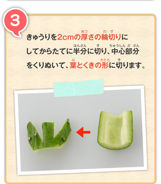 3 きゅうりを2cmの厚さの輪切りにしてからたてに半分に切り、中心部分をくりぬいて、葉とくきの形に切ります。