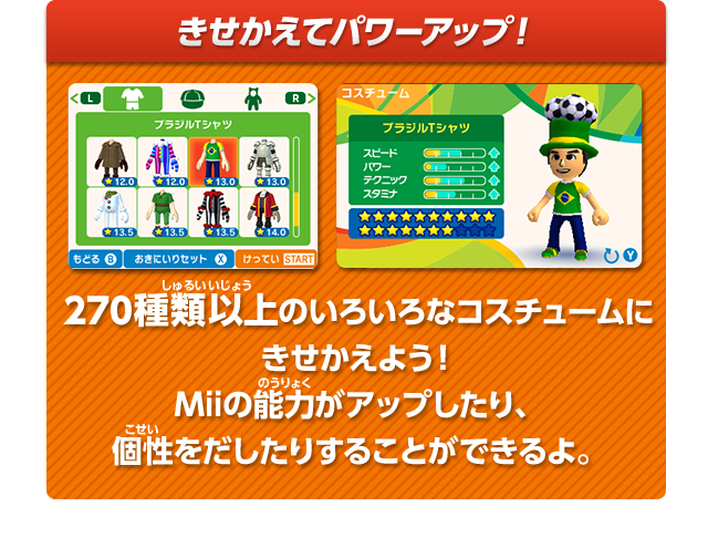 きせかえてパワーアップ！　270種類以上のいろいろなコスチュームにきせかえよう！Miiの能力がアップしたり、個性をだしたりすることができるよ。