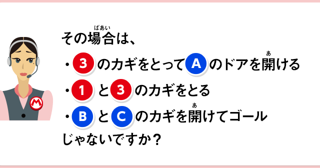 その場合は、1.③のカギをとってAのドアを開ける　2.①と②のカギをとる　3.BとCのカギをあけてゴール　じゃないですか？