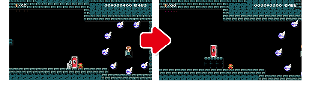 ①ましこのコースはカギドアのところから、右の方にあるカギが丸見えなんだけど、カギドアが開かないことに気がついた後に、すこし鍵を探してもらいたいので、カギの位置を少し右にずらした。今回は「初めてカギドアを見る人」を意識したので、見えるか見えないかくらいの位置にした