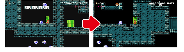 ②ここは、ドアを開けるとすぐ敵がいて、慌ただしいのが気になるね。敵にカギをもたせているようだけど、慌てて敵を倒してしまってよくわからないままカギをとってしまう……というようなドタバタした展開にならないように、ドアの位置を変えた。それから敵もネッチーじゃなくてクリボーに変えた。その理由は後ほど……