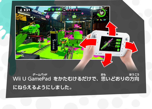 Wii U GamePadをかたむけるだけで、思いどおりの方向にねらえるようにしました。
