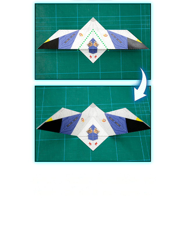 裏返して、緑の線で示した部分を、軽く谷折りして折り目をつけておきます。
