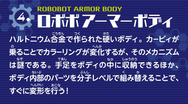 ロボボアーマーボディ　ハルトニウム合金で作られた硬いボディ。カービィが乗ることでカラーリングが変化するが、そのメカニズムは謎である。手足をボディの中に収納できるほか、ボディ内部のパーツを分子レベルで組み替えることで、すぐに変形を行う！