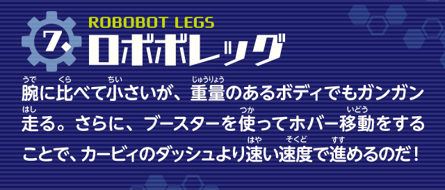 ロボボレッグ　腕に比べて小さいが、重量のあるボディでもガンガン走る。さらに、ブースターを使ってホバー移動することで、カービィのダッシュより速い速度で進めるのだ！