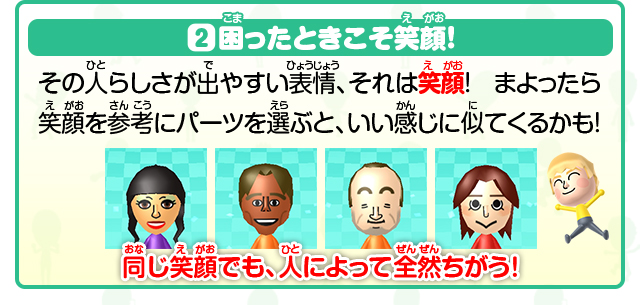 困ったときこそ笑顔！その人らしさが出やすい表情、それは笑顔！まよったら笑顔を参考にパーツを選ぶと、いい感じに似てくるかも！同じ笑顔でも、人によって全然ちがう！