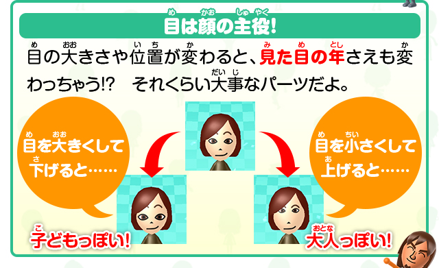 目は顔の主役！目の大きさや位置が変わると、見た目の年さえも変わっちゃう！？それくらい大事なパーツだよ。目を大きくして下げると……子どもっぽい！／目を小さくして上げると……大人っぽい！